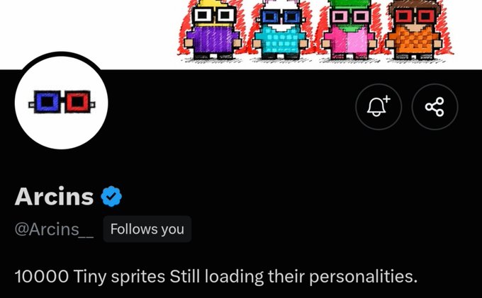 A Twitter/X profile for 'Arcins' (@Arcins__) with a verified checkmark, featuring pixel art characters in the banner and 3D glasses avatar, with bio text '10000 Tiny sprites Still loading their personalities.'