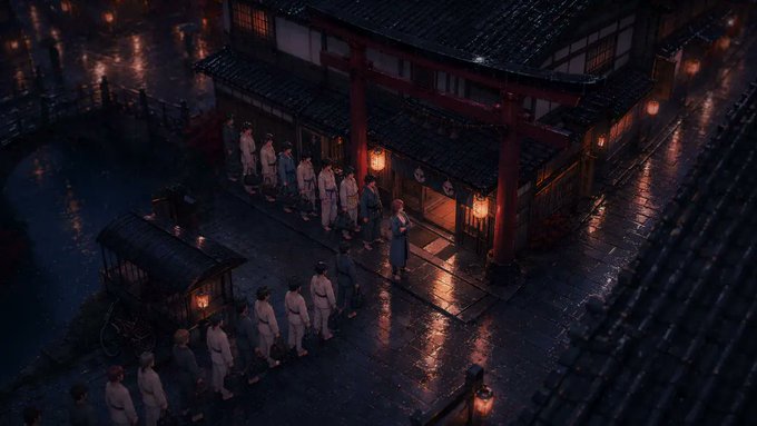A rainy night scene depicts a line of people waiting outside a traditional Japanese shrine, illuminated by warm lantern light reflecting off the wet cobblestones, with a wooden cart parked nearby. The atmospheric image evokes themes of patience, community, and anticipation—mirroring the post's message about Hazels' NFT project exploring value beyond mere wallet ownership, with the queue of hopeful figures symbolizing collectors lining up for what comes next in Web3.