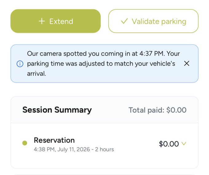 A parking app screenshot shows a session starting at 4:38 PM on July 11, 2026, with the camera detecting arrival at 4:37 PM and a total of $0.00 paid, reflecting the first parking session of the "end" referenced in the post.