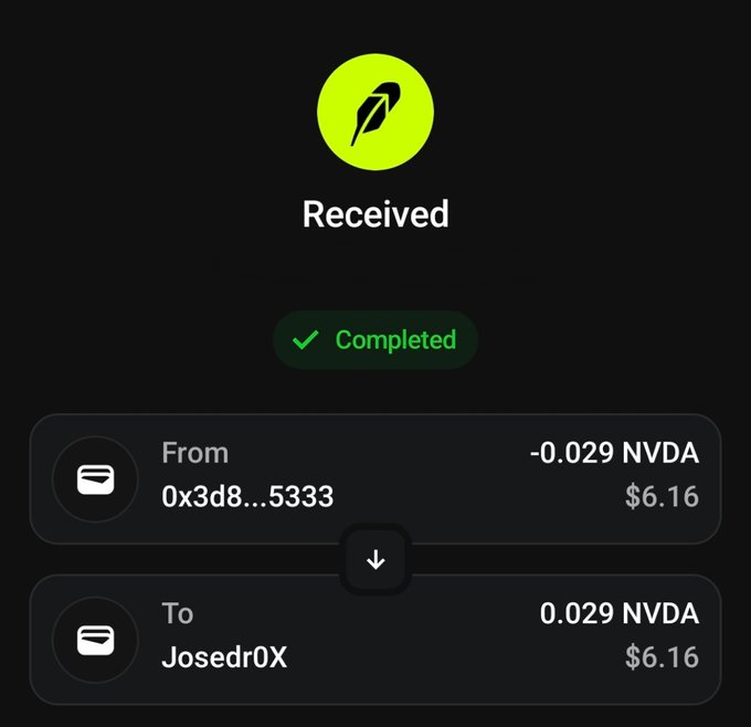 A transaction confirmation screen showing a 'Completed' transfer of 0.029 NVDA ($6.16) received from address 0x3d8...5333 to account Josedr0X.