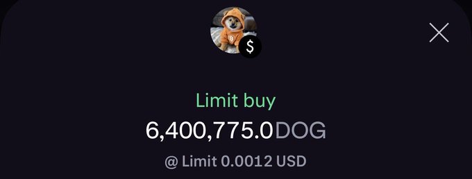 A mobile app screen shows a 'Limit buy' order for 6,400,775.0 DOG at a limit price of 0.0012 USD, with a Shiba Inu doge icon.