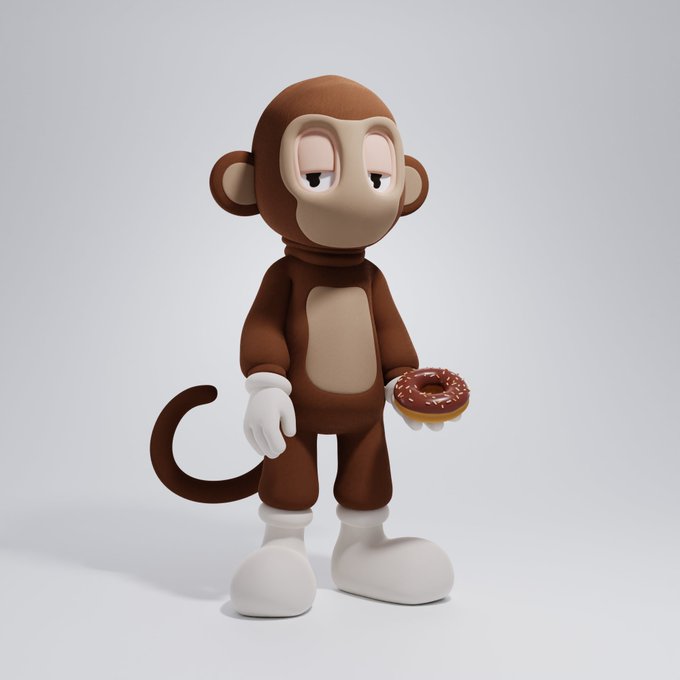 A 3D-rendered cartoon monkey in a brown full-body suit with white gloves and boots holds a chocolate-frosted donut with sprinkles, appearing sleepy against a plain gray background.