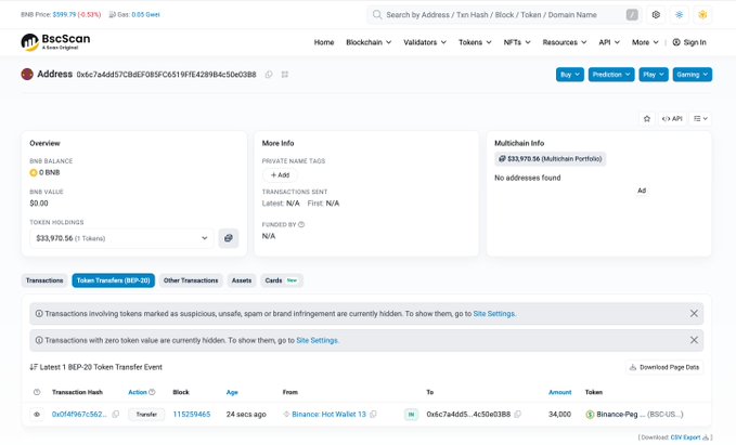 A BscScan page showing a BNB balance of approximately $33,970.56 for an address, with a recent transfer of 34,000 Binance-Peg tokens.