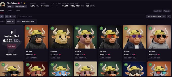 A screenshot of a marketplace page for 'The Bullpen' NFT collection, showing a floor price of 7.647 SOL and displaying various bull avatar collectibles for sale.