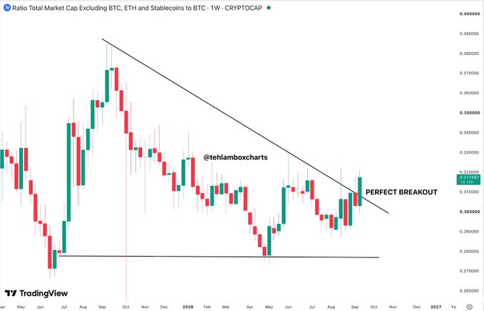 A TradingView chart titled 'Ratio Total Market Cap Excluding BTC, ETH and Stablecoins to BTC - 1W - CRYPTOCAP' showing a 'PERFECT BREAKOUT' from a descending trendline, labeled by @tehranboxcharts.