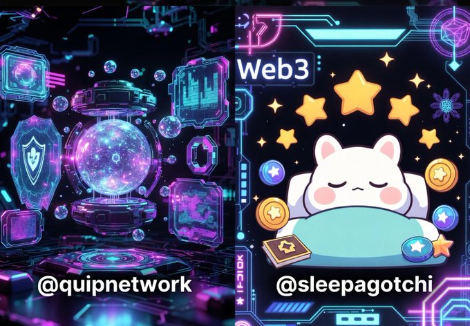 The image features two posters side by side, both promoting a project called "Web3". The left poster has a purple background with a cartoon cat sitting on top of a blue book, while the right poster has a black background with a white cat sleeping on a green pillow and a star above it. Both posters contain text that reads "@quipnetwork is developing the world's first decentralized quantum computer network @sleepagotchi". The two posters are positioned next to each other, creating an interesting visual contrast between the playful cartoon cat and the more serious image of the white cat sleeping on the green pillow.
