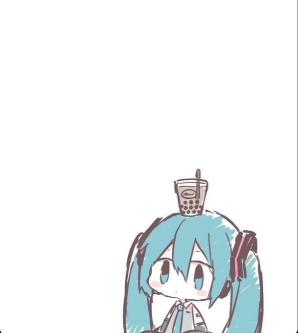 An illustration of the anime character Hatsune Miku with teal twin-tails and a bubble tea cup balanced on her head, set against a white background.