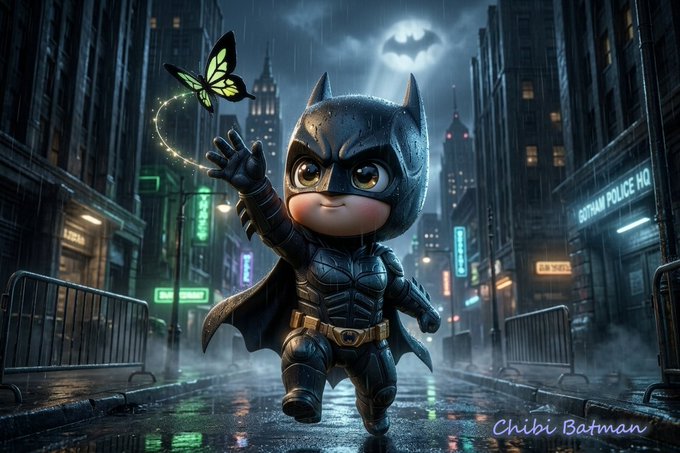 A 3D rendered 'Chibi Batman' character reaching toward a glowing butterfly in a rainy Gotham cityscape, with the bat-signal visible in the clouds.