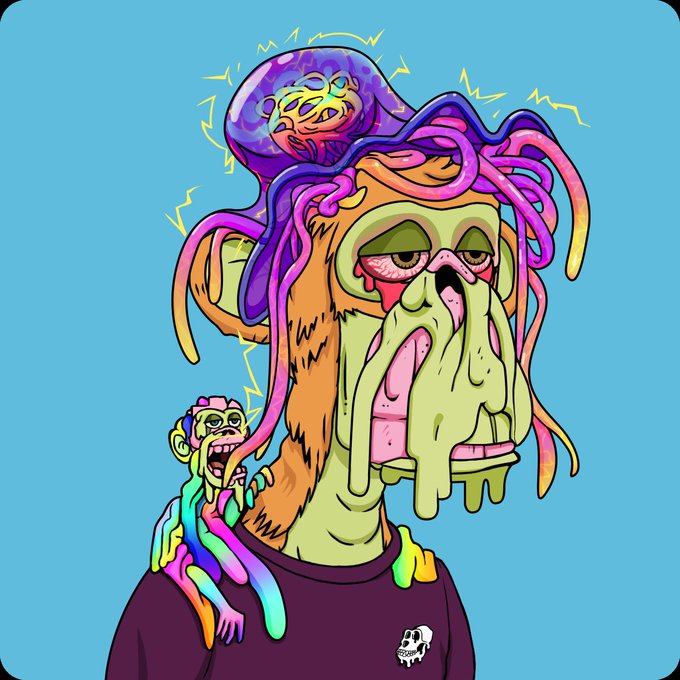 A psychedelic digital illustration of a melting monkey-like figure with a brain-like head, tentacles, and drool, set against a blue background.