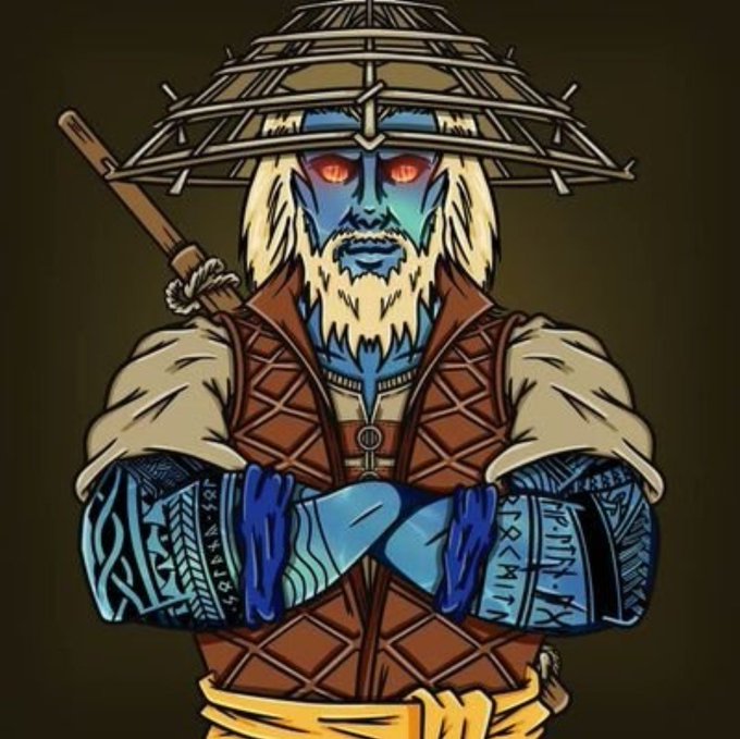 Digital artwork of a blue-skinned samurai warrior with glowing red eyes wearing a large straw hat and traditional armor, with blue tattoos on his arms.