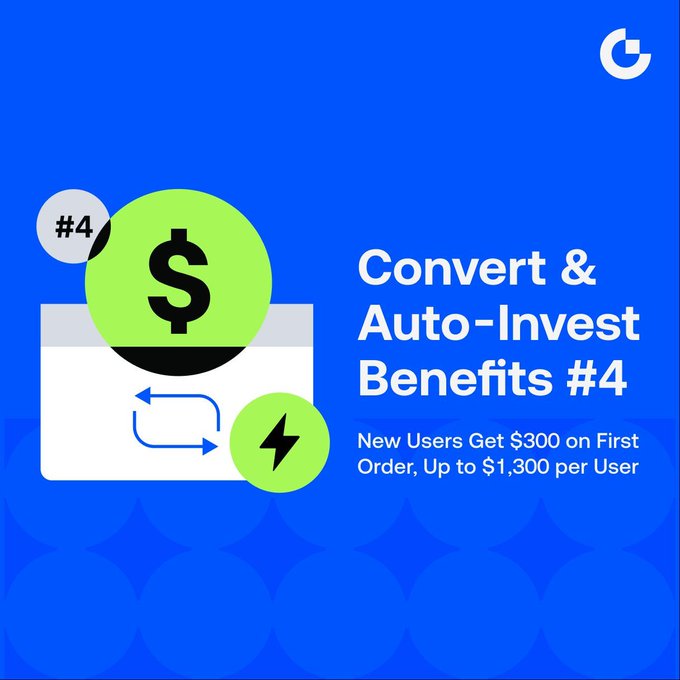 A promotional graphic on a blue background features a green dollar sign coin and a lightning bolt icon alongside the text "Convert & Auto-Invest Benefits #4 — New Users Get $300 on First Order, Up to $1,300 per User," with a "#4" badge, visually highlighting the rewards mentioned in the post for new users participating in the Convert & Auto-Invest promotion.