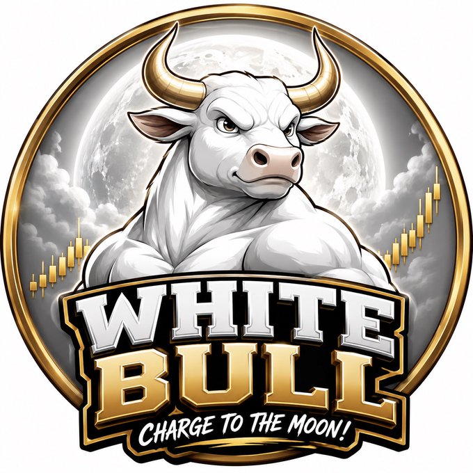 A muscular white bull with golden horns charges forward against a moonlit cloudy sky, framed within a golden circular emblem featuring candlestick charts, with bold text reading "WHITE BULL" and the tagline "CHARGE TO THE MOON!"—visually matching the post's tease of a powerful new Solana memecoin launch.