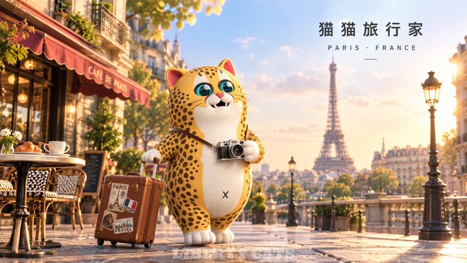 A 3D-rendered, cartoonish cheetah stands in a stylized Paris street scene holding a camera and a suitcase, with the Eiffel Tower in the background and text reading '猫猫旅行家 PARIS · FRANCE'.