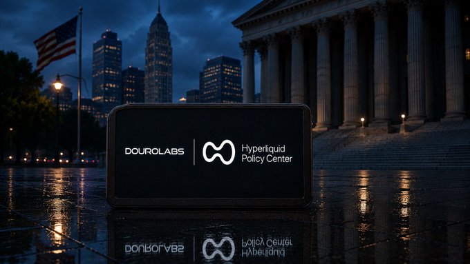 A smartphone resting on a wet pavement at night displays the "DOURO LABS" and "Hyperliquid Policy Center" logos, with a classical columned building and city skyline (including an American flag) visible in the background. The image visually reinforces the post's message about Douro Labs and the Hyperliquid Policy Center petitioning the SEC regarding onchain reference prices for blockchain-based securities trading.
