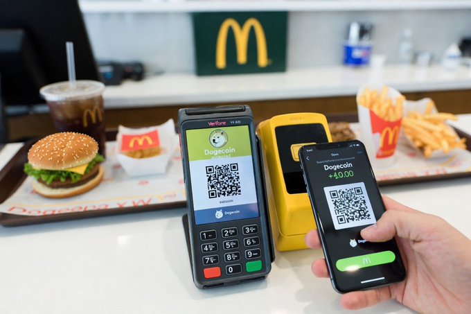 The image shows a person holding two cell phones, one of which has a QR code displayed that says "Doggo". The other phone appears to be a McDonald's payment terminal. The text in the image suggests that someone might have received a $DOGE as a form of payment from McDonald's.