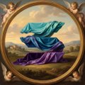 An ornate gold-framed portrait containing an abstract figure draped in blue and purple cloth, set against a landscape background.