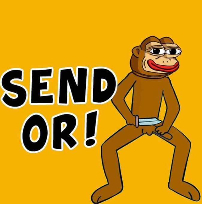A cartoon monkey character in a suggestive pose against a yellow background with bold black text reading 'SEND OR!'.