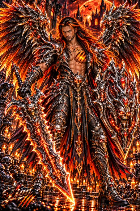 A dark fantasy digital illustration of a winged warrior with long hair, wielding flaming, jagged weapons and wearing ornate armor, standing before a fiery, gothic castle.