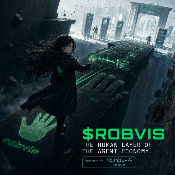 A promotional banner for $ROBVIS, labeled 'THE HUMAN LAYER OF THE AGENT ECONOMY' and 'SUPPORTED BY VIRTUAL PROTOCOL', showing a dark-haired woman with glowing green eyes casting a digital hand symbol in a futuristic cityscape.