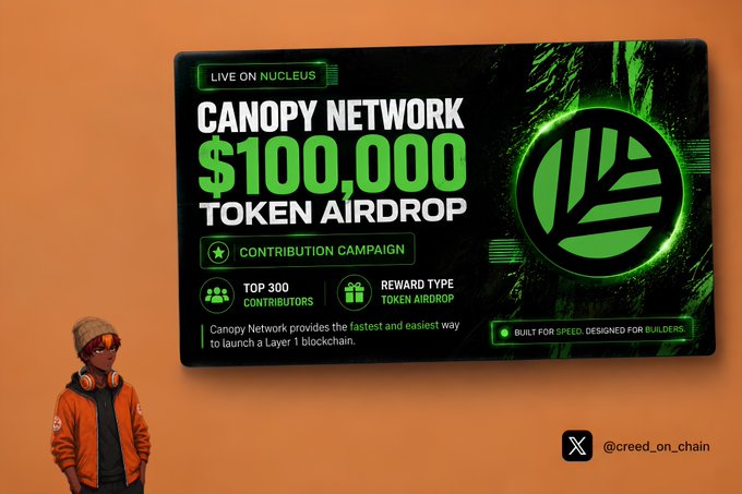 The image features a person wearing a hat standing next to a large billboard promoting canopy network contributions. The billboard has a green logo, with text below it announcing the $100k contribution campaign for this initiative. This campaign aims to reward top posts about @CNPYNetwork and its InfoFi-style infrastructure while also potentially supporting new entrants in building AI native applications backed by these networks. The person wearing the hat appears to be interested or intrigued by the promotional material, adding a sense of connection between the viewer and the project.
