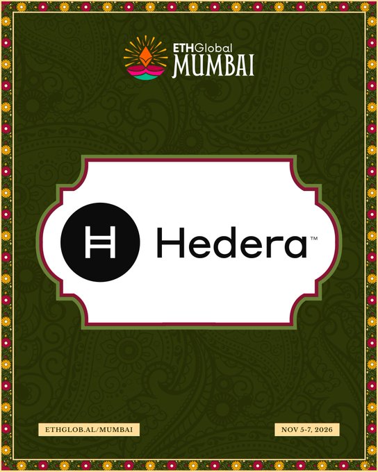 A promotional graphic for "ETHGlobal Mumbai" featuring the Hedera logo prominently in the center, with the event dates "NOV 3-7, 2026" at the bottom.
