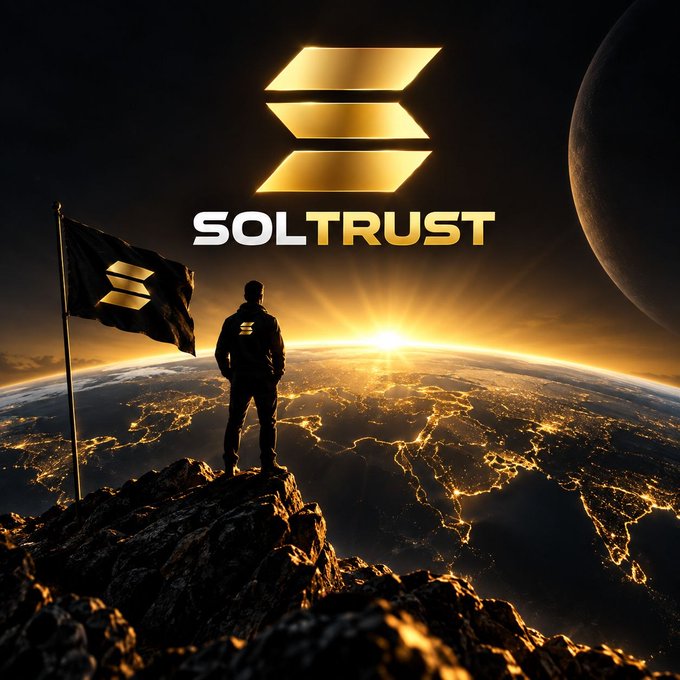 A promotional image featuring the 'SOLTRUST' logo above a figure standing on a rocky peak with a flag, overlooking an illuminated Earth at sunrise with a large planet in the background.