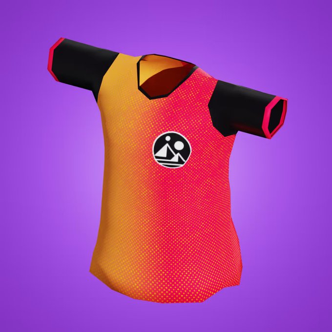 A 3D model of a vibrant orange and red gradient athletic jersey with black sleeves, featuring a small white logo of two figures in a circle on the chest.