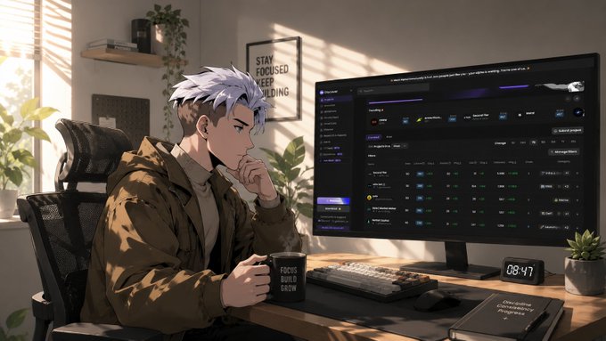Anime-style illustration of a silver-haired young man sitting at a desk with a mug labeled 'FOCUS BUILD GROW,' working on a computer displaying what appears to be a crypto trading dashboard, with a 'STAY FOCUSED KEEP BUILDING' poster on the wall behind him.