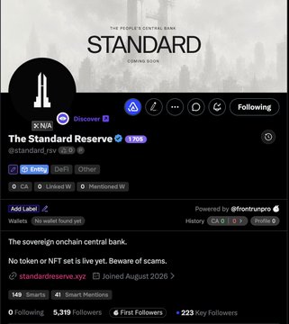 A screenshot of an X (Twitter) profile for 'The Standard Reserve' (@standardreserve.xyz), which describes itself as 'The sovereign onchain central bank.'