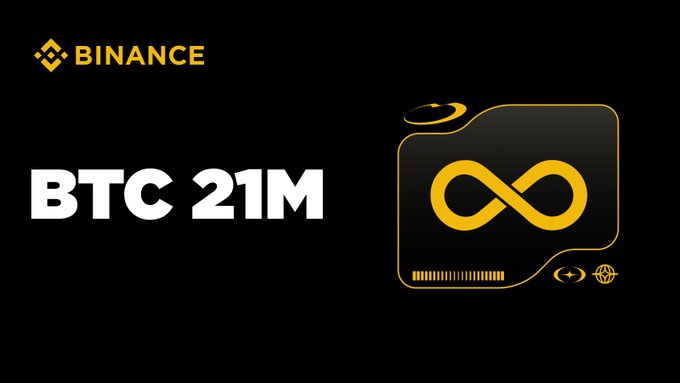 A Binance promotional image featuring the Bitcoin Infinity (∞) logo in yellow with a Bitcoin halo, alongside the text "BTC 21M" on a black background, visually reinforcing the post's message of Bitcoin's fixed 21 million supply cap combined with limitless demand.