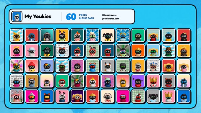A digital collectible card display titled 'My Youkies' showing 60 pieces in this card, featuring a grid of colorful cartoon character icons with handles '@YoukieVerse' and 'youkieverse.com'.