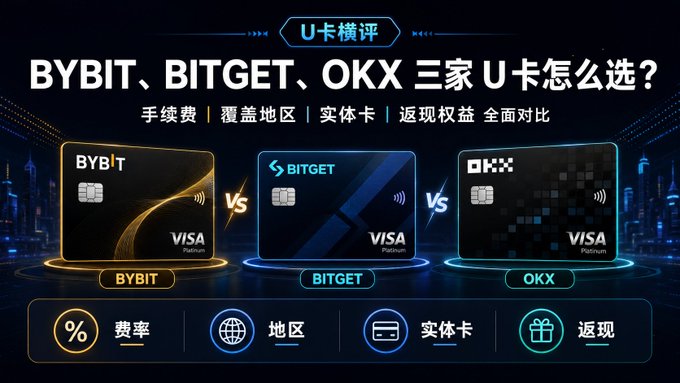 The image shows three different credit card options displayed against a dark blue background, with each card labeled in Chinese characters. The cards are positioned at various angles, showcasing their features and benefits. The text "BYBIT . . ." indicates that these cards are from Bybit, while "BITGETWALLET" suggests they may be wallet cards. The post also mentions the importance of understanding the terms and conditions before using any credit card or making a purchase.
