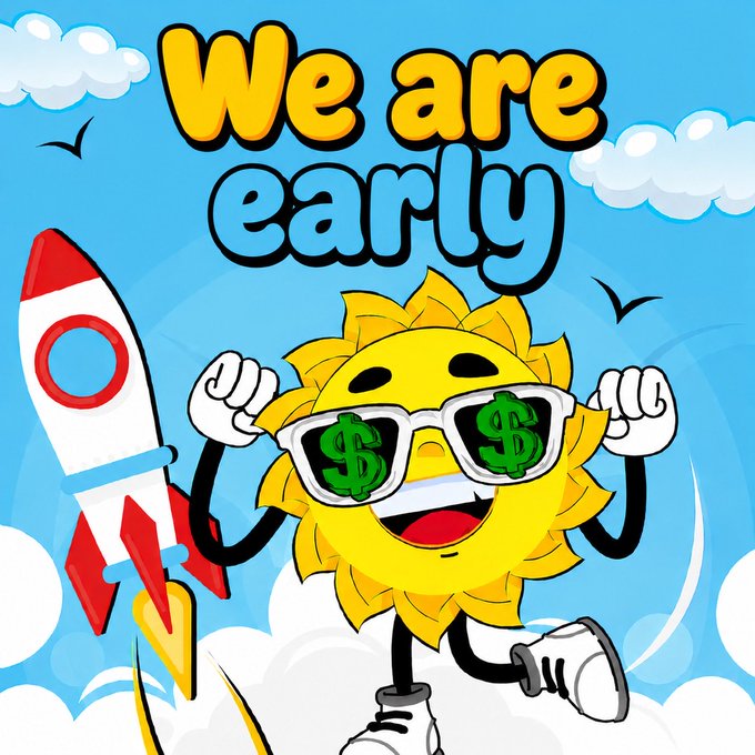An animated sun wearing sunglasses with dollar signs inside rides a rocket with the words "We are early" above, suggesting that early holders of $SUMMER tokens will benefit from daily USDT rewards. This relates to the post by highlighting the excitement and potential for profit associated with being an early adopter.