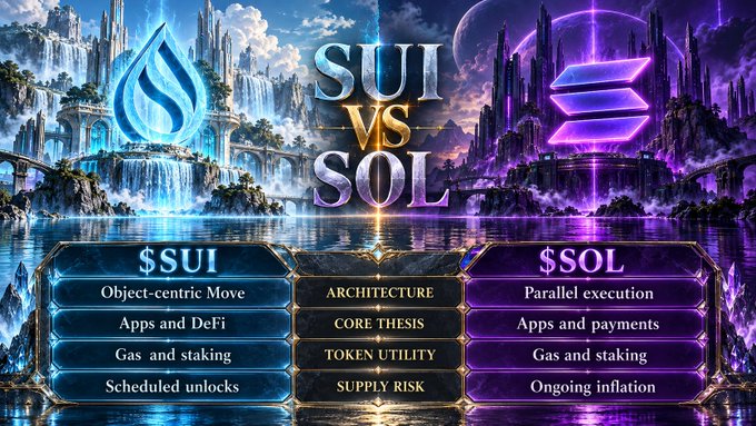 A fantasy-style comparison infographic titled 'SUI VS SOL' comparing the Sui and Solana cryptocurrencies across categories including Architecture, Core Thesis, Token Utility, and Supply Risk.