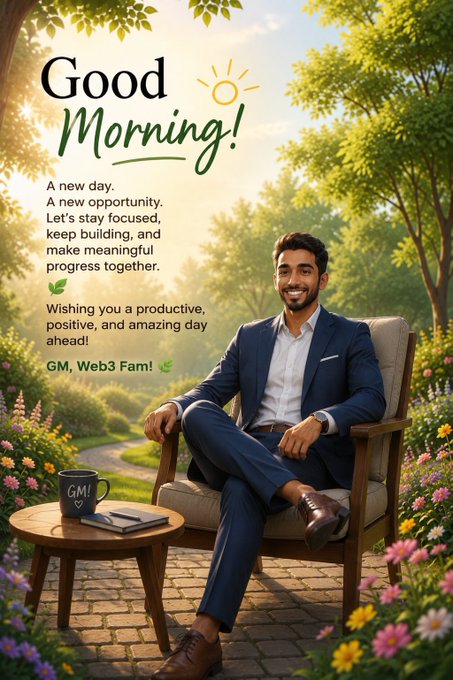 A 'Good Morning!' inspirational graphic featuring a smiling man in a blue suit sitting in a garden chair, with motivational text including 'A new day. A new opportunity.' and 'GM, Web3 Fam!'