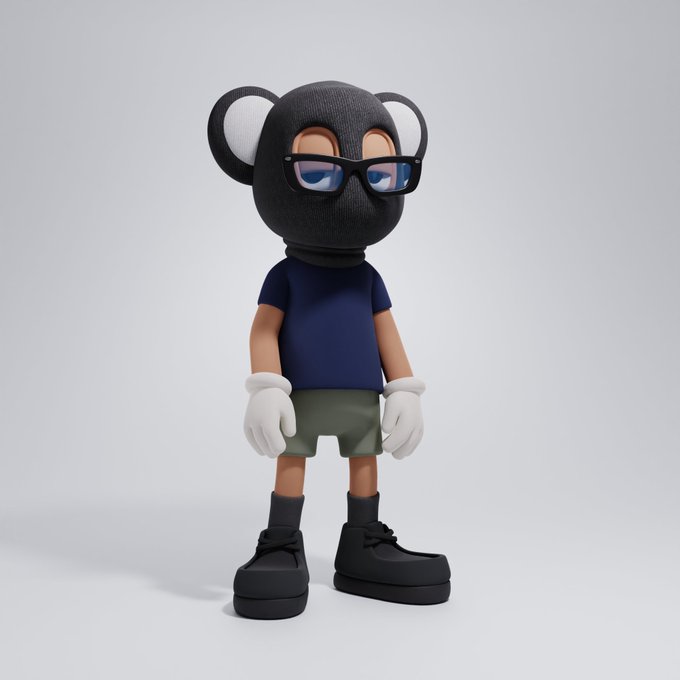 A 3D render of a stylized character with a black bear-like head, white ears, sunglasses, a blue t-shirt, olive shorts, and large black boots.