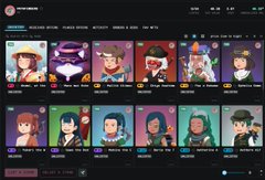 Screenshot of what appears to be an NFT marketplace or character collection page, showing a grid of anime-style character avatars with various names visible beneath them.