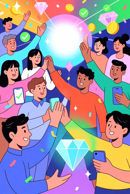 The image features a group of people gathered around a large diamond, with some of them holding up their phones or other devices. There are also several pieces of paper scattered throughout the scene. The overall atmosphere appears to be one of celebration or achievement, possibly related to an event like Nomisma Network Season 3.