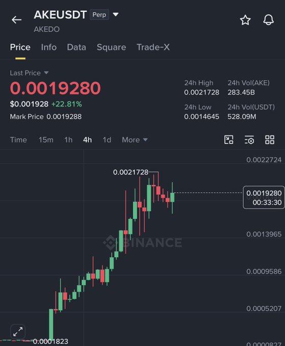 A Binance perpetual trading chart for AKEUSDT (AKEDO) shows the price at 0.0019280, up 22.81%, with the 4-hour candlestick chart displaying a strong uptrend from a low of 0.0001823 to a 24-hour high of 0.0021728, visually confirming the post's claim of a 5X gain on the $AKE token.