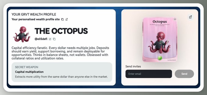 A digital profile card titled 'YOUR GAVTI WEALTH PROFILE' showing 'THE OCTOPUS' with username @eli5defi, featuring a pink octopus character and an invite-sharing interface.
