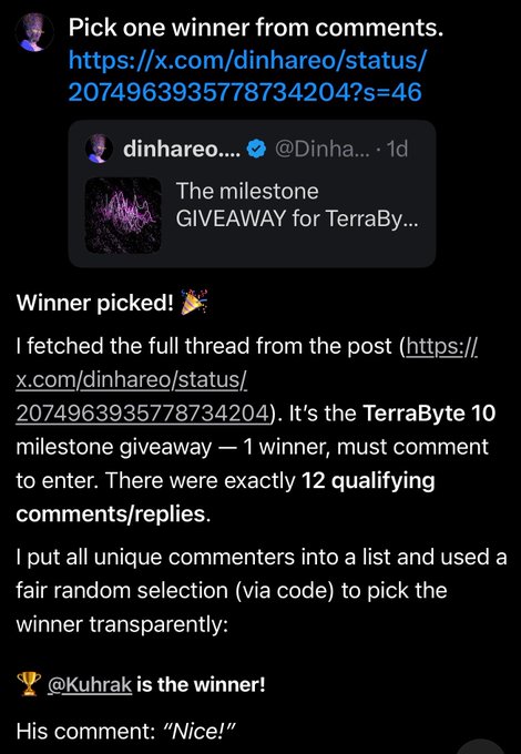 A screenshot announcing a giveaway winner selection, where @Kuhrak was picked as the winner of a 'TerraByte 10 milestone giveaway' from 12 qualifying comments.