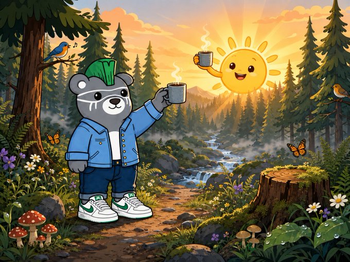 A cartoon raccoon with a green mohawk, wearing a denim jacket and sneakers, toasts a coffee mug with a smiling sun in a vibrant forest sunrise scene. The image's early morning "Gm" vibes and green-mohawked "chain" character playfully echo the post's greeting and "original green chain" theme.