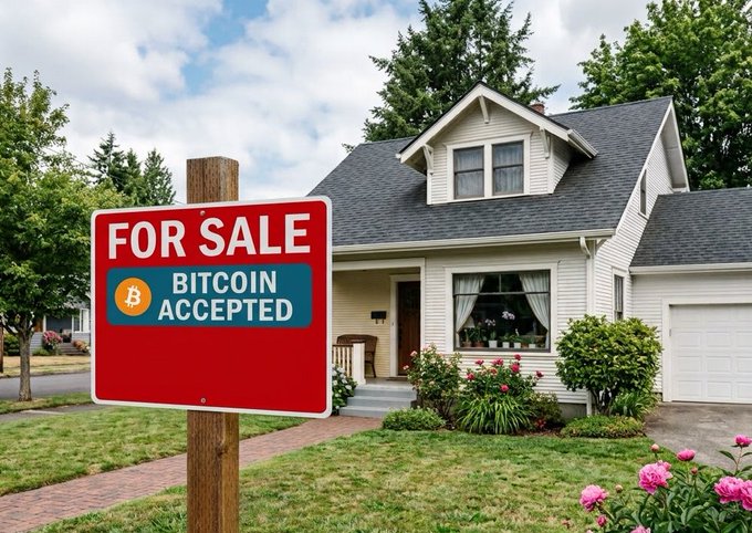 A charming two-story suburban home sits behind a red "FOR SALE" sign displaying a blue banner that reads "BITCOIN ACCEPTED" with the recognizable Bitcoin logo. The image visually illustrates the growing trend of crypto-backed home financing highlighted in the news, showing a tangible example of how Bitcoin is increasingly being embraced in real estate transactions.