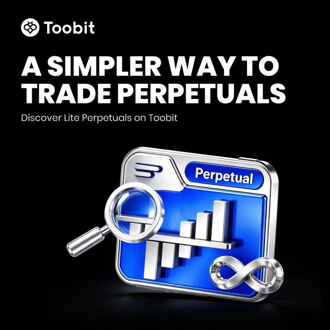 A black advertisement for Toobit cryptocurrency exchange promotes 'A SIMPLER WAY TO TRADE PERPETUALS' with a 3D blue 'Perpetual' badge, magnifying glass, bar chart, and infinity symbol.
