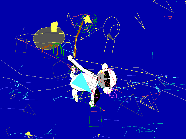 A 3D wireframe rendering of a character model in a blue viewport, showing colorful polygonal mesh lines and geometric shapes during the modeling process.