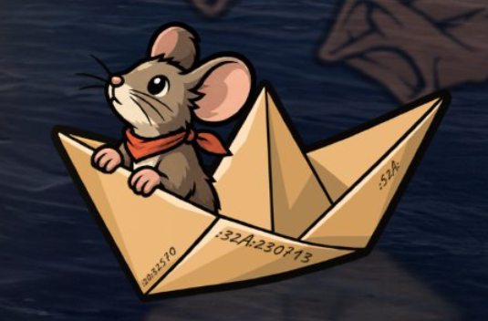 A cartoon mouse wearing a red bandana peers out from a paper boat floating on dark water, with SWIFT-style payment fields (":32A:230713" and ":52A:") printed on its hull. The image visualizes the MT103 SWIFT payment message, where the field values "32570" and "230713" appear as "warpaint" on the boat, linking the playful scene to the unidentified ordering institution and XRP's notable July 13 ruling date.