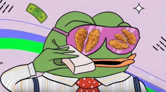 A meme featuring a cartoon frog wearing pink sunglasses with fried chicken drumsticks reflected in the lenses, holding a phone and a drink, with money floating in the background.