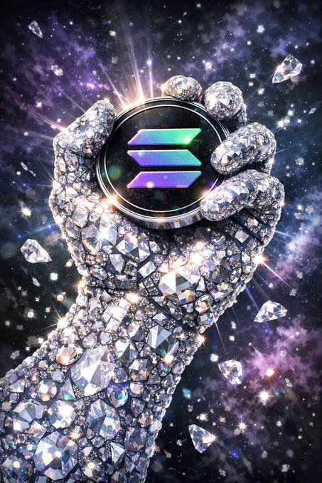 A diamond-encrusted hand clutches a circular emblem featuring the Solana logo, set against a cosmic purple and starry backdrop with floating gemstones, symbolizing the crypto community's "diamond hands" mentality of holding Solana through market volatility.