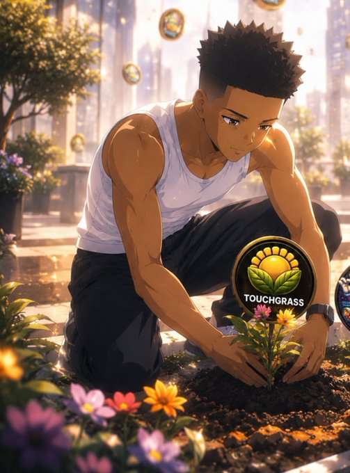 Anime-style artwork of a young man planting flowers in a sunlit garden, with a 'TOUCHGRASS' token logo floating in the foreground.