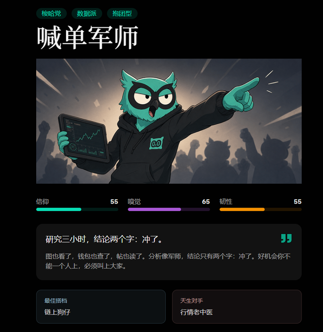 A character profile card featuring a teal owl-like character in a hoodie holding a tablet with charts, labeled '喊单军师' with tags '核呛党', '数据派', and '抱团型', showing stats for 信仰 (55), 嗅觉 (65), and 韧性 (55).